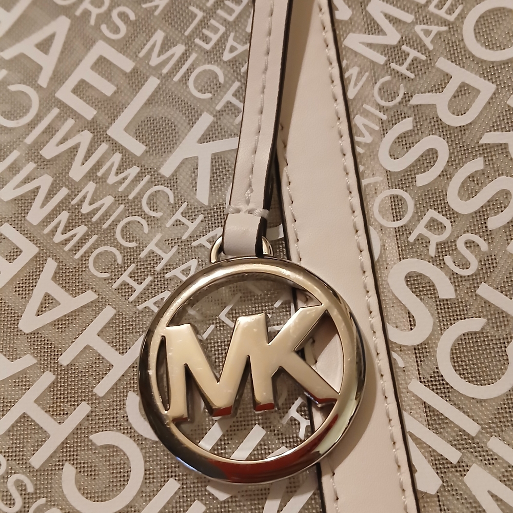 Michael Kors Logo Tote Beige Cream Semi-Translucent MK Signature Large Shoulder - Picture 2 of 13